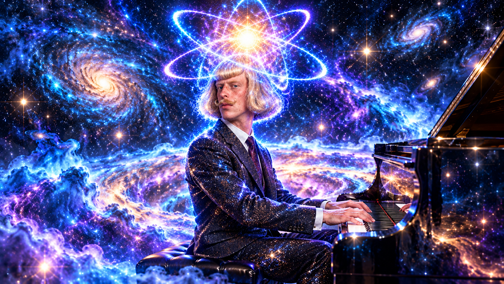Quantum Jean Phil at a piano floating in a luminous nebula